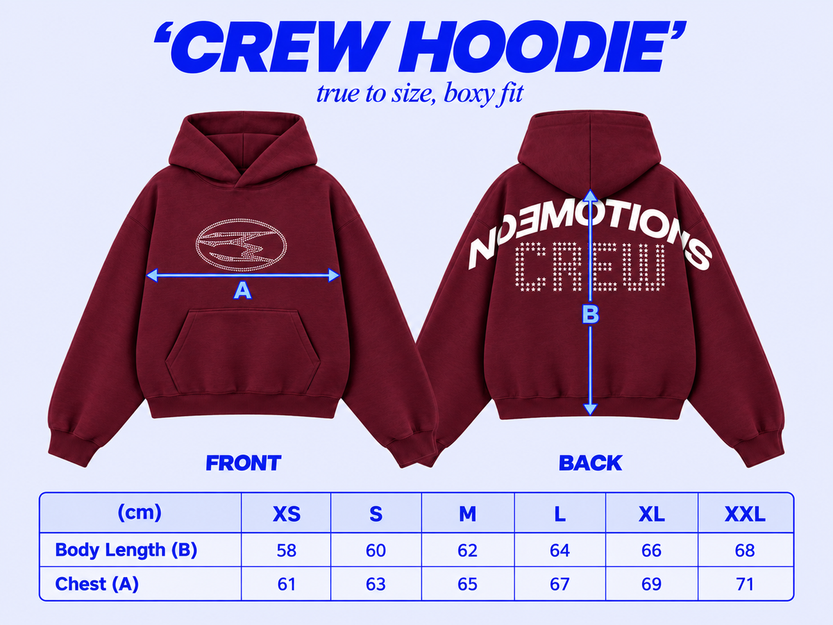 Size chart CREW HOODIE BURGUNDY